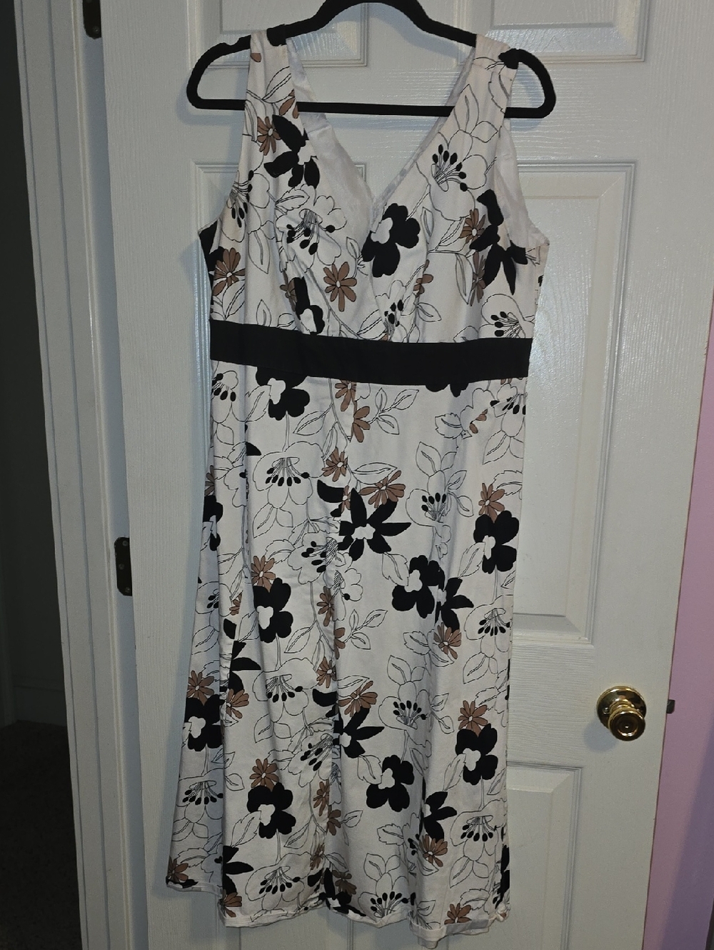 jonathan martin White Floral Midi Dress with Black Waistband and Brown Accents